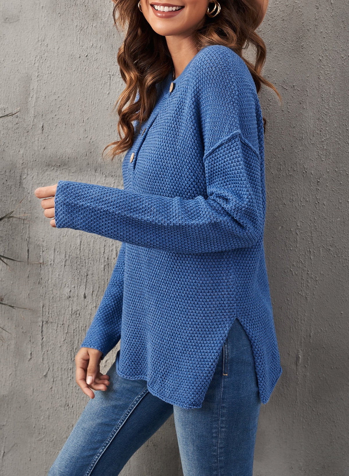 Women Solid Color Sweater Blue Waffle Knit Pullover Side Split Tunic Tops 12 14